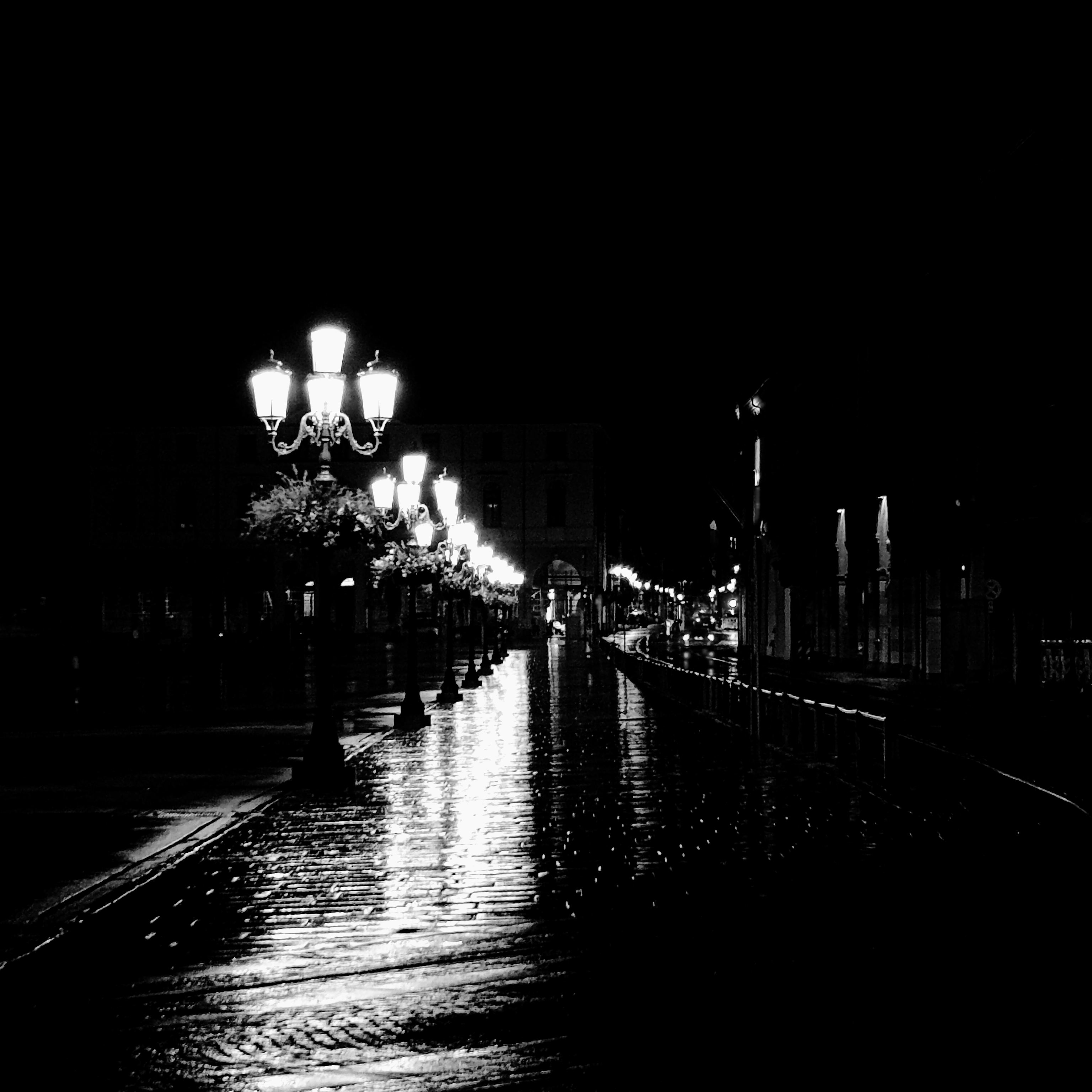 Luci di lampioni si riflettono sull'asfalto bagnato. Foto in bianco e nero.
