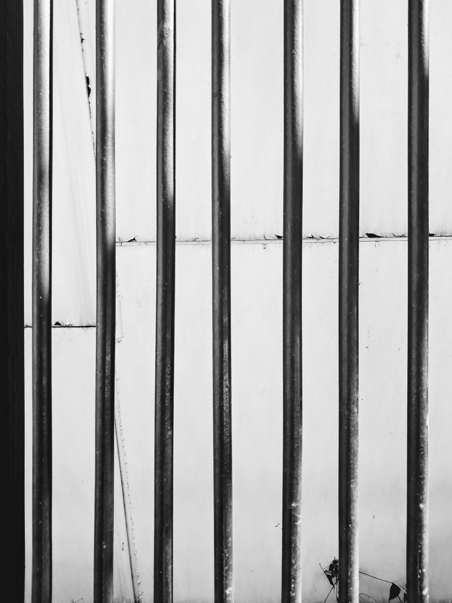 A row of nine vertical metal bars seen against a weathered concrete wall. Strong sunlight illuminates the front and right side of each round bar, while their left sides and the gaps between them cast deep shadows. The wall behind has horizontal lines of paneling, peeling paint, dirt and a few small weeds growing from a crack in the lower portion. The bars are evenly spaced across the frame, contrasting against the white colored wall.