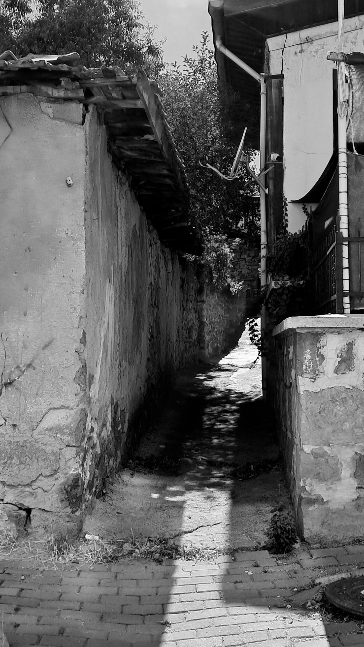 A narrow alleyway receding into the distance. To the left is a weathered wall with an overhanging roof structure, showing signs of decay and plaster erosion. The right side features a multi-story building with details including but not limited to a prominent satellite dish, a metal fence, climbing vines, and a dark awning-like thingy. Dappled sunlight filters from above, creating strong light and shadow contrasts across the alley, including a long central shadow on the rough ground which changes from brick pavers to worn pavement. The passage leads towards a brightly lit opening at its end, a courtyard.