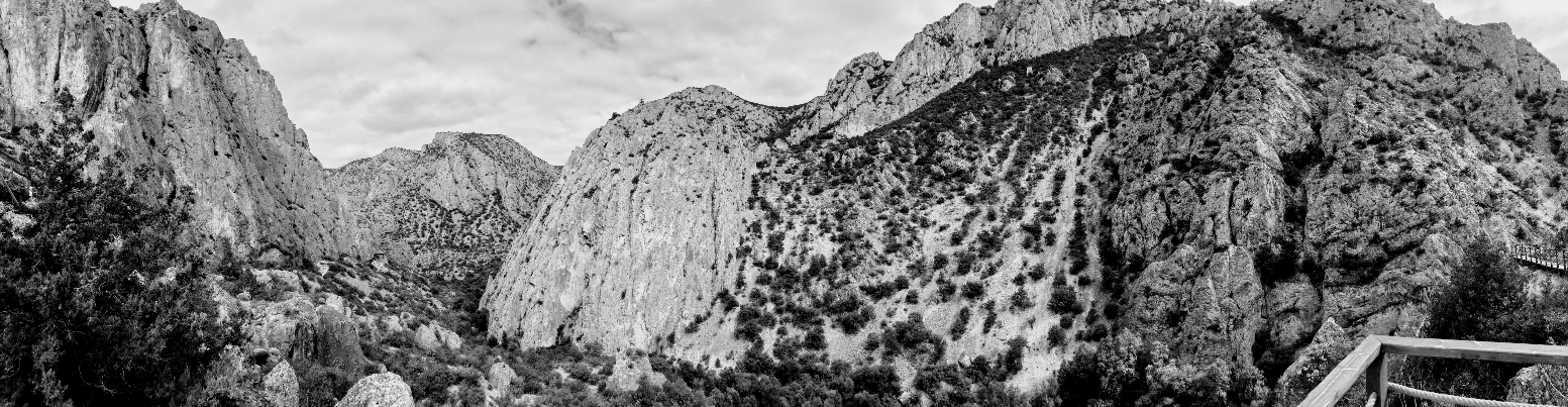 A panoramic view of a rugged mountainous canyon surrounded by gigantic textured rock cliffs filled with sparse shrubs and trees. The wide valley floor is filled with dense vegetation, and a wooden viewing platform railing is visible in the lower right foreground beneath an overcast sky.