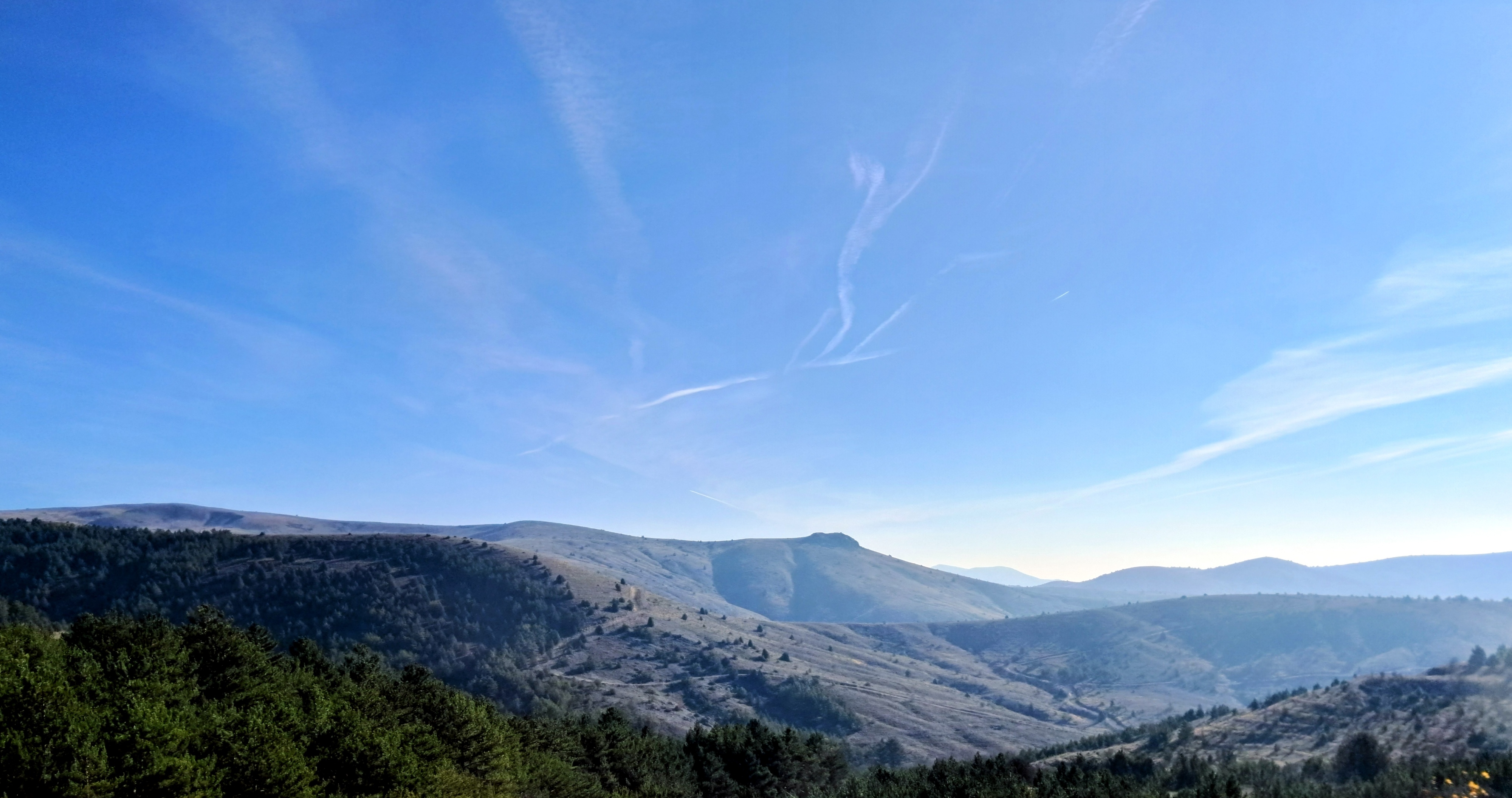 A wide view of rolling hills and mountain ridges under a blue sky with faint wispy clouds and two distinct contrails. The foreground and lower slopes are covered in dark green pine trees, leading up to sparsely vegetated arid hillsides. Layered mountain ranges extend into the distance under bright sunlight toward a hazy horizon.