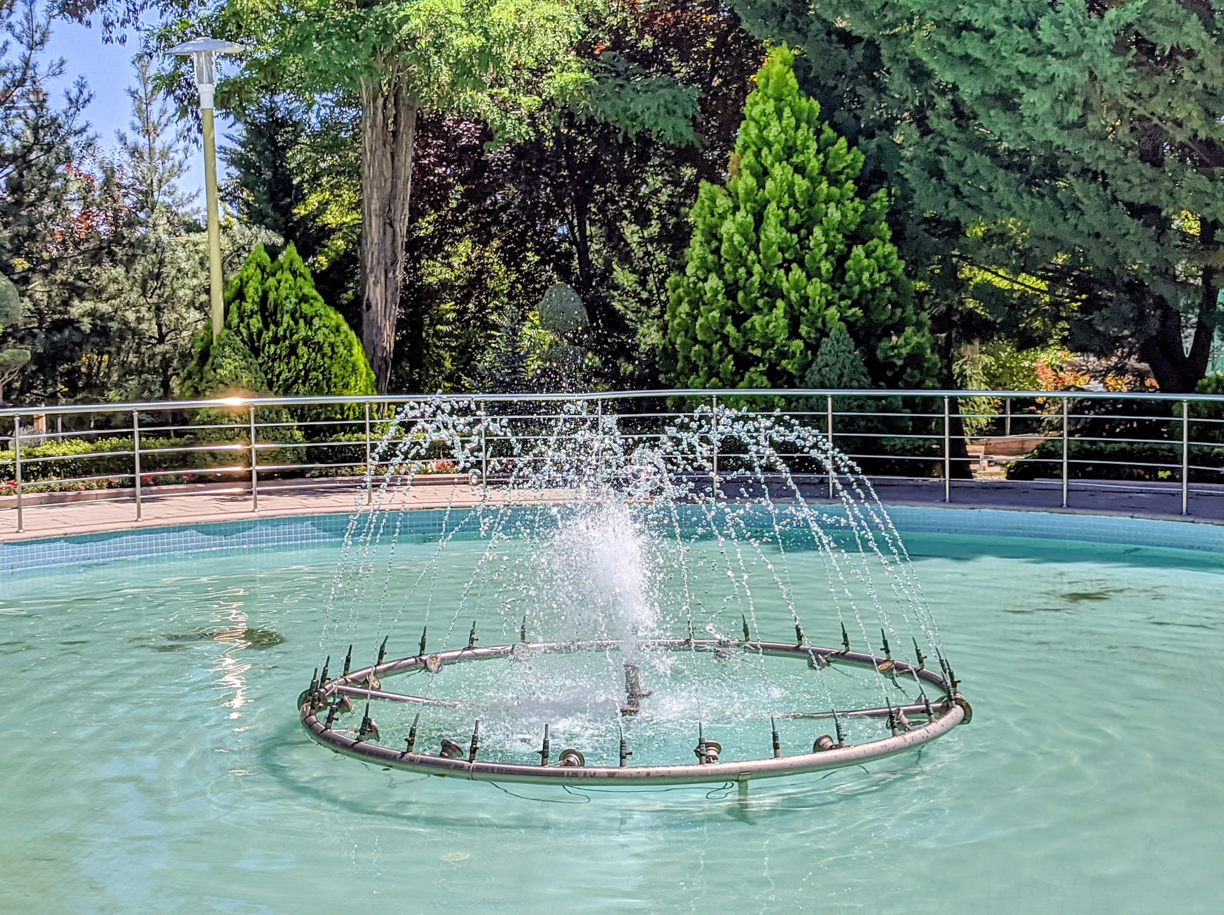 A circular ring fountain sprays arcs of clear water into a turquoise outdoor pool surrounded by a metal railing. Dense green trees, shrubs, and a lamp post fill the background behind the pool under sunlight.